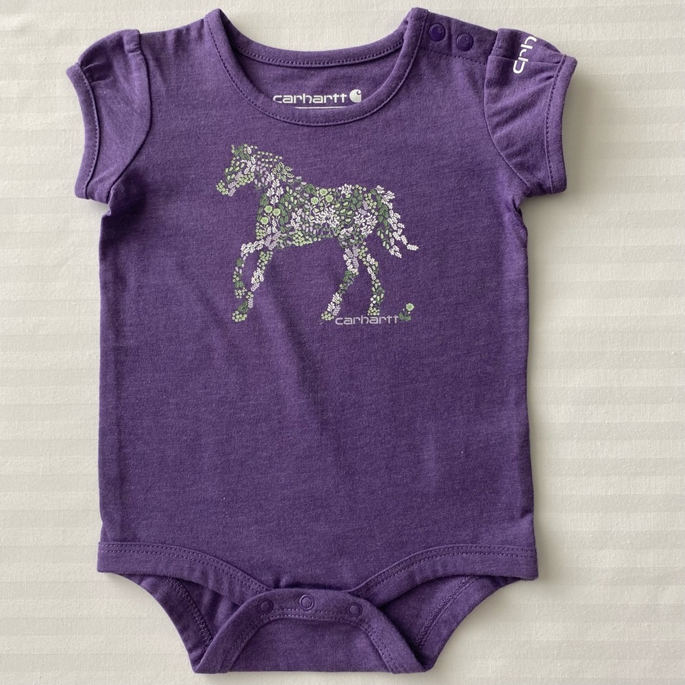 Carhartt Shirt Size 3 Months NWOT New Horse one piece Snap Top Purple Baby Girls